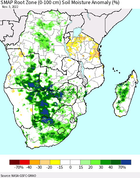 Southern Africa SMAP Root Zone (0-100 cm) Soil Moisture Anomaly (%) Thematic Map For 11/1/2022 - 11/5/2022