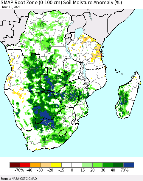 Southern Africa SMAP Root Zone (0-100 cm) Soil Moisture Anomaly (%) Thematic Map For 11/6/2022 - 11/10/2022