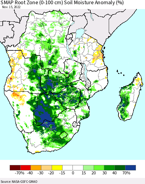 Southern Africa SMAP Root Zone (0-100 cm) Soil Moisture Anomaly (%) Thematic Map For 11/11/2022 - 11/15/2022