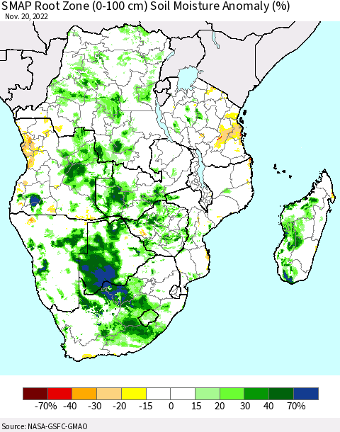 Southern Africa SMAP Root Zone (0-100 cm) Soil Moisture Anomaly (%) Thematic Map For 11/16/2022 - 11/20/2022