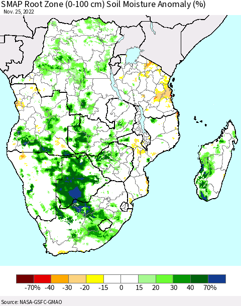 Southern Africa SMAP Root Zone (0-100 cm) Soil Moisture Anomaly (%) Thematic Map For 11/21/2022 - 11/25/2022