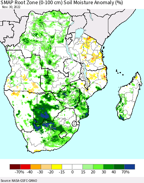 Southern Africa SMAP Root Zone (0-100 cm) Soil Moisture Anomaly (%) Thematic Map For 11/26/2022 - 11/30/2022