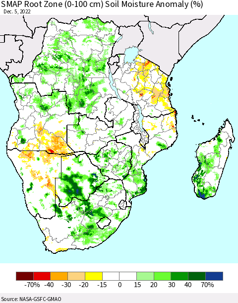 Southern Africa SMAP Root Zone (0-100 cm) Soil Moisture Anomaly (%) Thematic Map For 12/1/2022 - 12/5/2022
