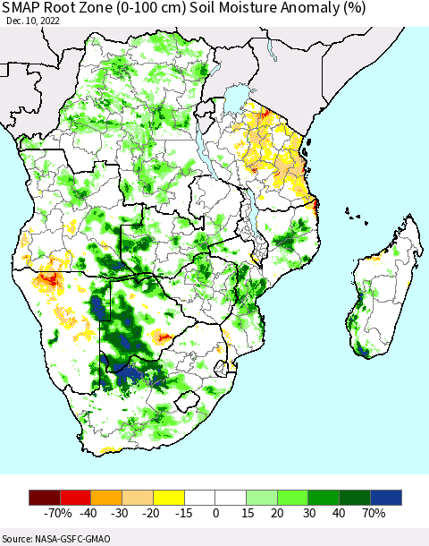 Southern Africa SMAP Root Zone (0-100 cm) Soil Moisture Anomaly (%) Thematic Map For 12/6/2022 - 12/10/2022