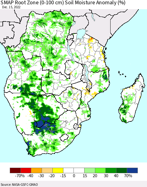 Southern Africa SMAP Root Zone (0-100 cm) Soil Moisture Anomaly (%) Thematic Map For 12/11/2022 - 12/15/2022