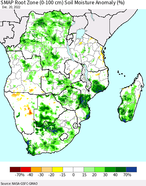 Southern Africa SMAP Root Zone (0-100 cm) Soil Moisture Anomaly (%) Thematic Map For 12/16/2022 - 12/20/2022