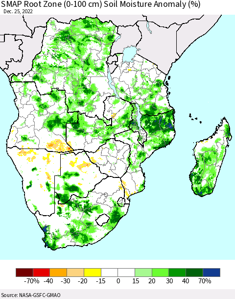 Southern Africa SMAP Root Zone (0-100 cm) Soil Moisture Anomaly (%) Thematic Map For 12/21/2022 - 12/25/2022