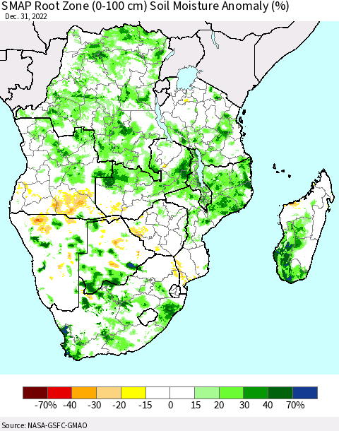 Southern Africa SMAP Root Zone (0-100 cm) Soil Moisture Anomaly (%) Thematic Map For 12/26/2022 - 12/31/2022