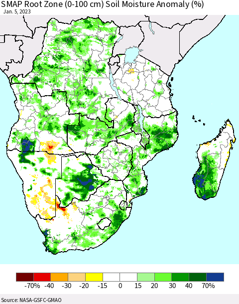 Southern Africa SMAP Root Zone (0-100 cm) Soil Moisture Anomaly (%) Thematic Map For 1/1/2023 - 1/5/2023