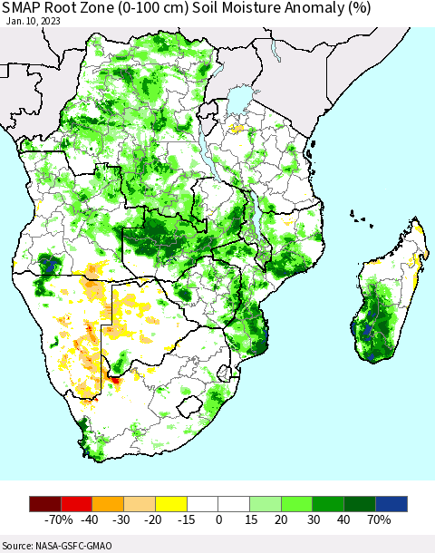 Southern Africa SMAP Root Zone (0-100 cm) Soil Moisture Anomaly (%) Thematic Map For 1/6/2023 - 1/10/2023