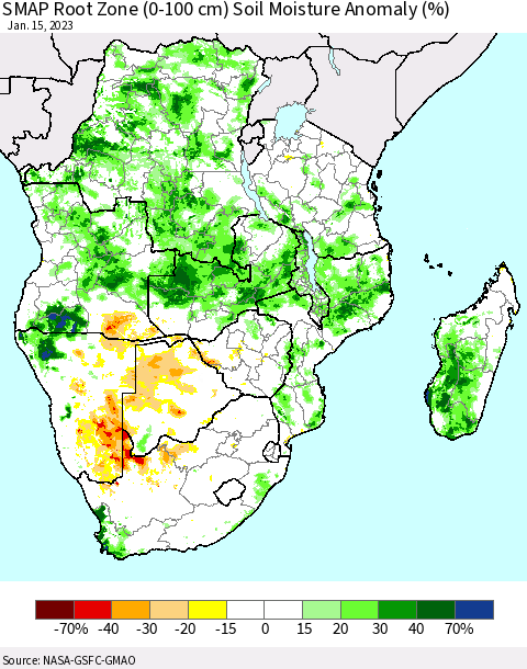 Southern Africa SMAP Root Zone (0-100 cm) Soil Moisture Anomaly (%) Thematic Map For 1/11/2023 - 1/15/2023