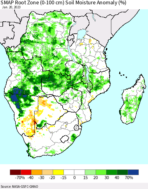 Southern Africa SMAP Root Zone (0-100 cm) Soil Moisture Anomaly (%) Thematic Map For 1/16/2023 - 1/20/2023