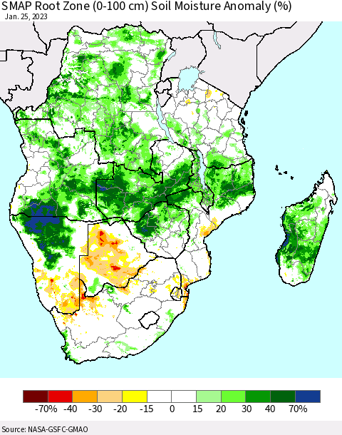 Southern Africa SMAP Root Zone (0-100 cm) Soil Moisture Anomaly (%) Thematic Map For 1/21/2023 - 1/25/2023