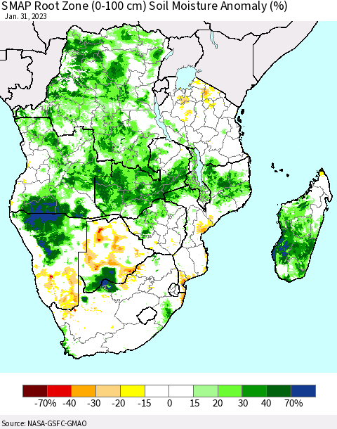 Southern Africa SMAP Root Zone (0-100 cm) Soil Moisture Anomaly (%) Thematic Map For 1/26/2023 - 1/31/2023