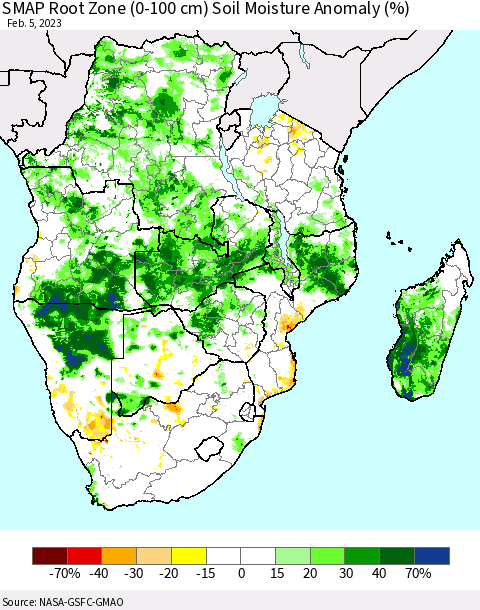 Southern Africa SMAP Root Zone (0-100 cm) Soil Moisture Anomaly (%) Thematic Map For 2/1/2023 - 2/5/2023