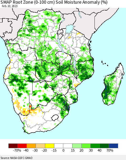 Southern Africa SMAP Root Zone (0-100 cm) Soil Moisture Anomaly (%) Thematic Map For 2/6/2023 - 2/10/2023