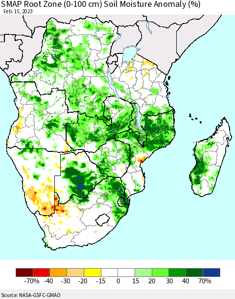 Southern Africa SMAP Root Zone (0-100 cm) Soil Moisture Anomaly (%) Thematic Map For 2/11/2023 - 2/15/2023