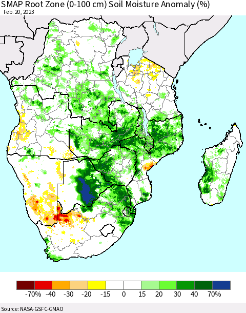 Southern Africa SMAP Root Zone (0-100 cm) Soil Moisture Anomaly (%) Thematic Map For 2/16/2023 - 2/20/2023