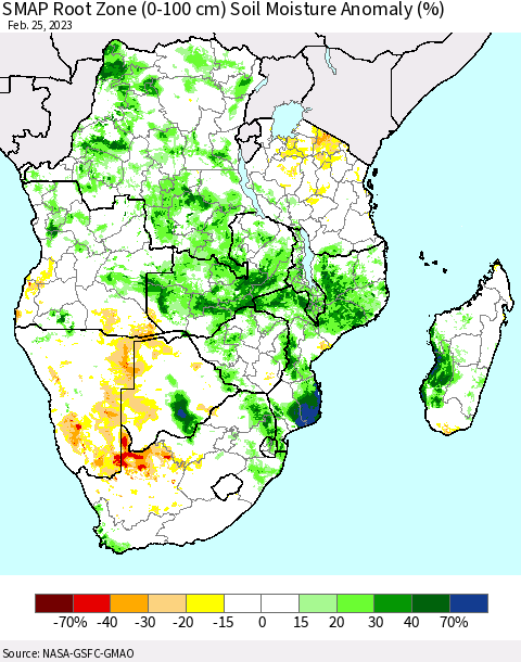 Southern Africa SMAP Root Zone (0-100 cm) Soil Moisture Anomaly (%) Thematic Map For 2/21/2023 - 2/25/2023