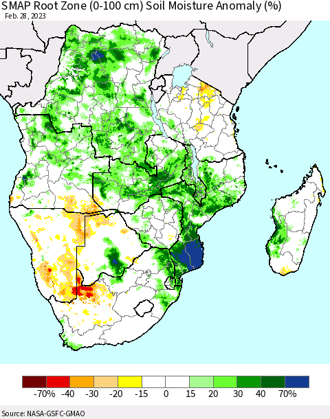 Southern Africa SMAP Root Zone (0-100 cm) Soil Moisture Anomaly (%) Thematic Map For 2/26/2023 - 2/28/2023