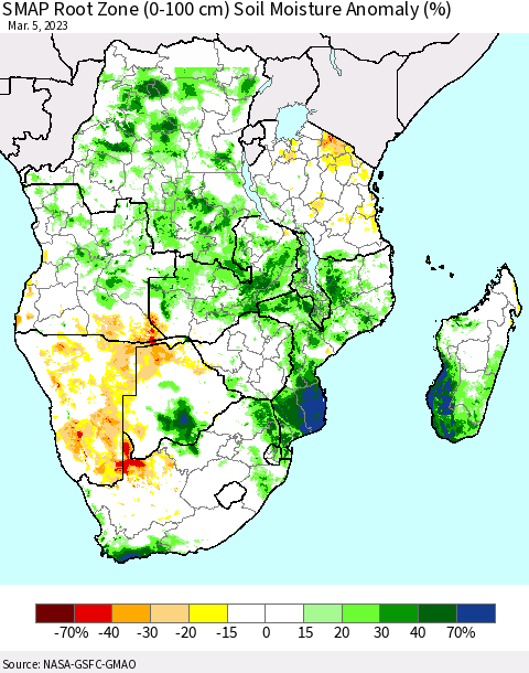 Southern Africa SMAP Root Zone (0-100 cm) Soil Moisture Anomaly (%) Thematic Map For 3/1/2023 - 3/5/2023