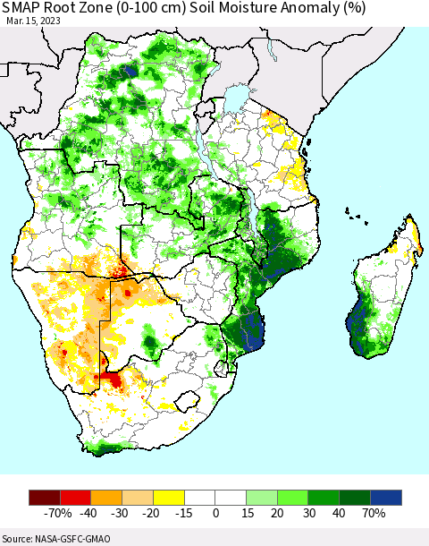 Southern Africa SMAP Root Zone (0-100 cm) Soil Moisture Anomaly (%) Thematic Map For 3/11/2023 - 3/15/2023
