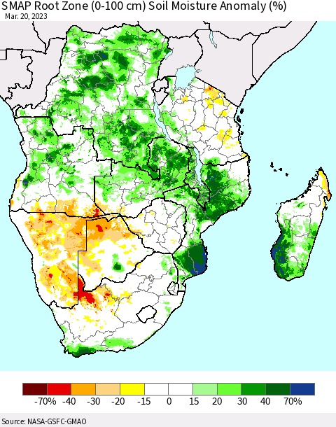 Southern Africa SMAP Root Zone (0-100 cm) Soil Moisture Anomaly (%) Thematic Map For 3/16/2023 - 3/20/2023