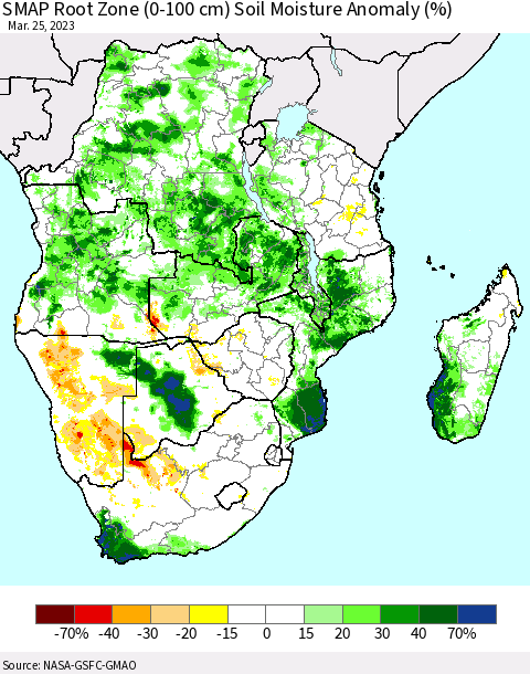 Southern Africa SMAP Root Zone (0-100 cm) Soil Moisture Anomaly (%) Thematic Map For 3/21/2023 - 3/25/2023