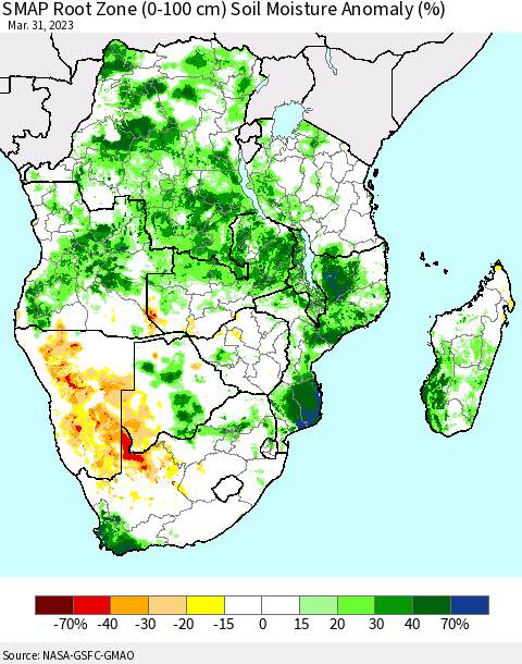 Southern Africa SMAP Root Zone (0-100 cm) Soil Moisture Anomaly (%) Thematic Map For 3/26/2023 - 3/31/2023