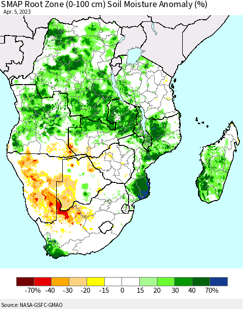 Southern Africa SMAP Root Zone (0-100 cm) Soil Moisture Anomaly (%) Thematic Map For 4/1/2023 - 4/5/2023