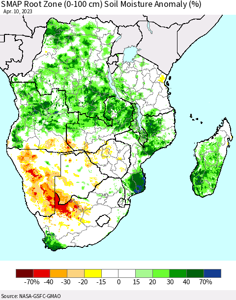 Southern Africa SMAP Root Zone (0-100 cm) Soil Moisture Anomaly (%) Thematic Map For 4/6/2023 - 4/10/2023