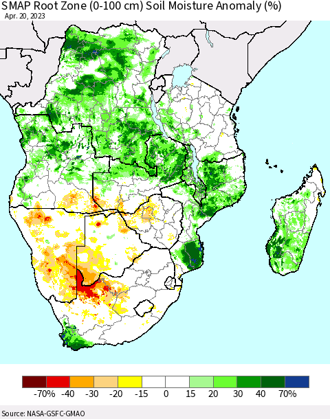 Southern Africa SMAP Root Zone (0-100 cm) Soil Moisture Anomaly (%) Thematic Map For 4/16/2023 - 4/20/2023