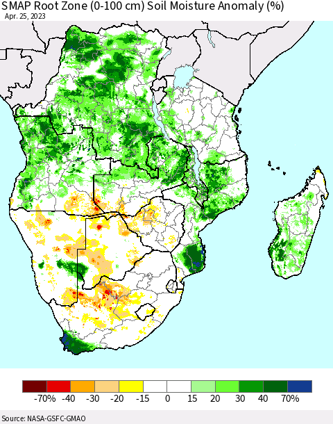 Southern Africa SMAP Root Zone (0-100 cm) Soil Moisture Anomaly (%) Thematic Map For 4/21/2023 - 4/25/2023