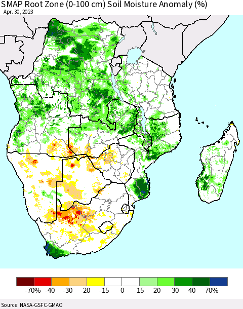 Southern Africa SMAP Root Zone (0-100 cm) Soil Moisture Anomaly (%) Thematic Map For 4/26/2023 - 4/30/2023