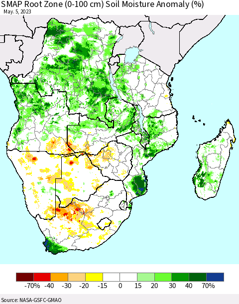 Southern Africa SMAP Root Zone (0-100 cm) Soil Moisture Anomaly (%) Thematic Map For 5/1/2023 - 5/5/2023