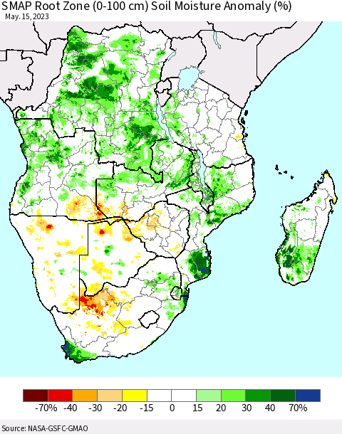 Southern Africa SMAP Root Zone (0-100 cm) Soil Moisture Anomaly (%) Thematic Map For 5/11/2023 - 5/15/2023