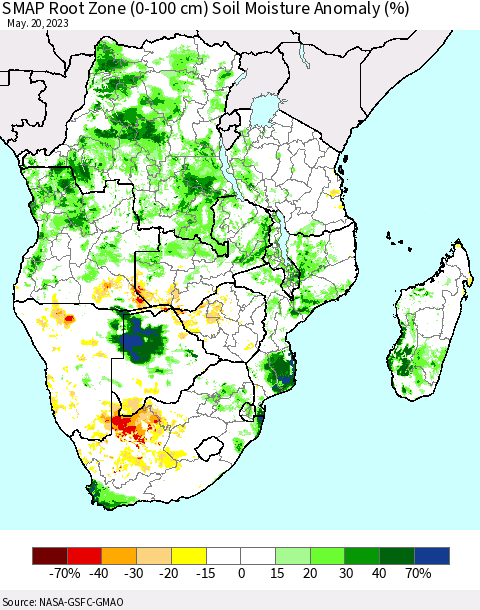 Southern Africa SMAP Root Zone (0-100 cm) Soil Moisture Anomaly (%) Thematic Map For 5/16/2023 - 5/20/2023