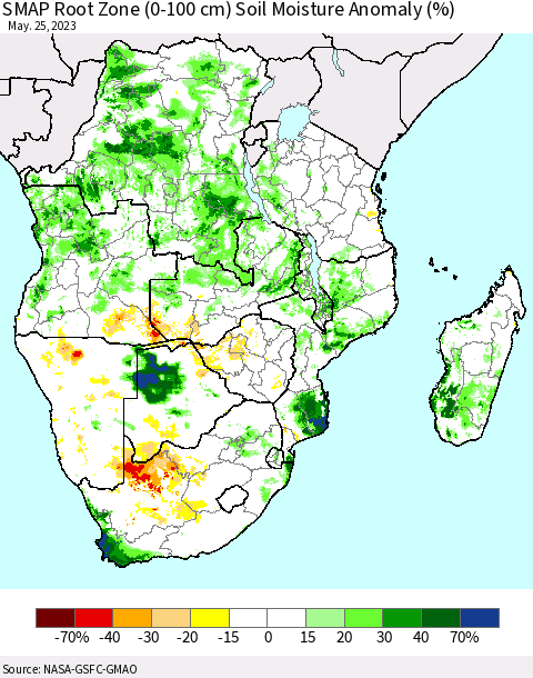 Southern Africa SMAP Root Zone (0-100 cm) Soil Moisture Anomaly (%) Thematic Map For 5/21/2023 - 5/25/2023