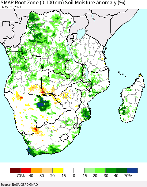 Southern Africa SMAP Root Zone (0-100 cm) Soil Moisture Anomaly (%) Thematic Map For 5/26/2023 - 5/31/2023