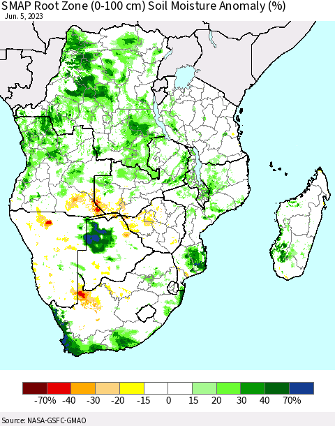 Southern Africa SMAP Root Zone (0-100 cm) Soil Moisture Anomaly (%) Thematic Map For 6/1/2023 - 6/5/2023