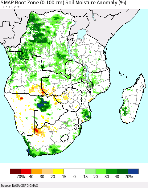 Southern Africa SMAP Root Zone (0-100 cm) Soil Moisture Anomaly (%) Thematic Map For 6/6/2023 - 6/10/2023