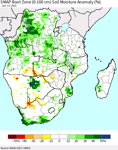 Southern Africa SMAP Root Zone (0-100 cm) Soil Moisture Anomaly (%) Thematic Map For 6/11/2023 - 6/15/2023
