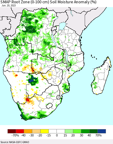 Southern Africa SMAP Root Zone (0-100 cm) Soil Moisture Anomaly (%) Thematic Map For 6/16/2023 - 6/20/2023