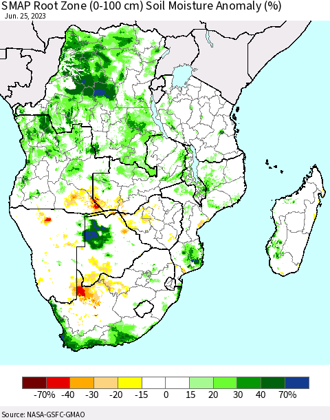 Southern Africa SMAP Root Zone (0-100 cm) Soil Moisture Anomaly (%) Thematic Map For 6/21/2023 - 6/25/2023