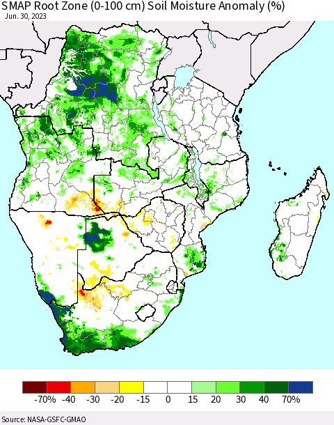 Southern Africa SMAP Root Zone (0-100 cm) Soil Moisture Anomaly (%) Thematic Map For 6/26/2023 - 6/30/2023