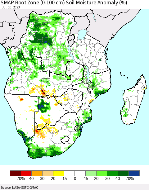 Southern Africa SMAP Root Zone (0-100 cm) Soil Moisture Anomaly (%) Thematic Map For 7/6/2023 - 7/10/2023