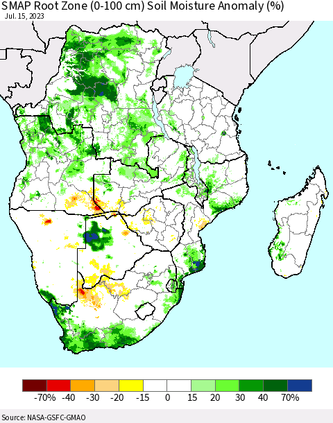 Southern Africa SMAP Root Zone (0-100 cm) Soil Moisture Anomaly (%) Thematic Map For 7/11/2023 - 7/15/2023