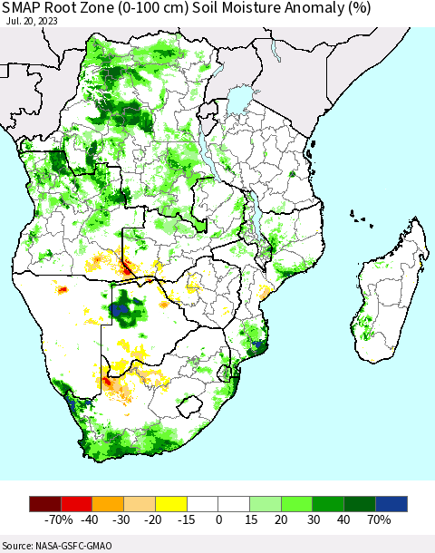 Southern Africa SMAP Root Zone (0-100 cm) Soil Moisture Anomaly (%) Thematic Map For 7/16/2023 - 7/20/2023