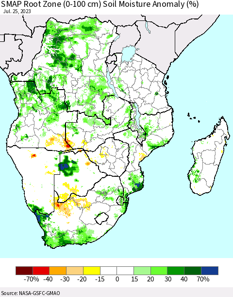 Southern Africa SMAP Root Zone (0-100 cm) Soil Moisture Anomaly (%) Thematic Map For 7/21/2023 - 7/25/2023
