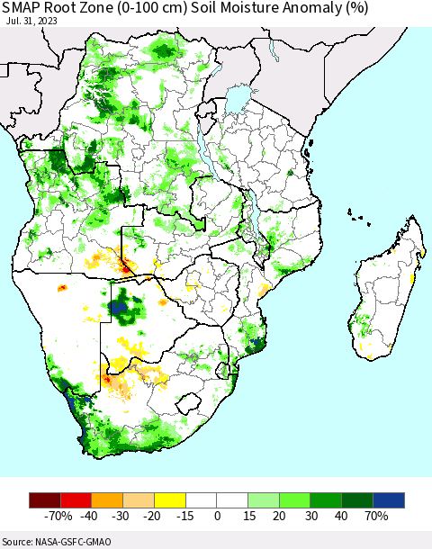 Southern Africa SMAP Root Zone (0-100 cm) Soil Moisture Anomaly (%) Thematic Map For 7/26/2023 - 7/31/2023